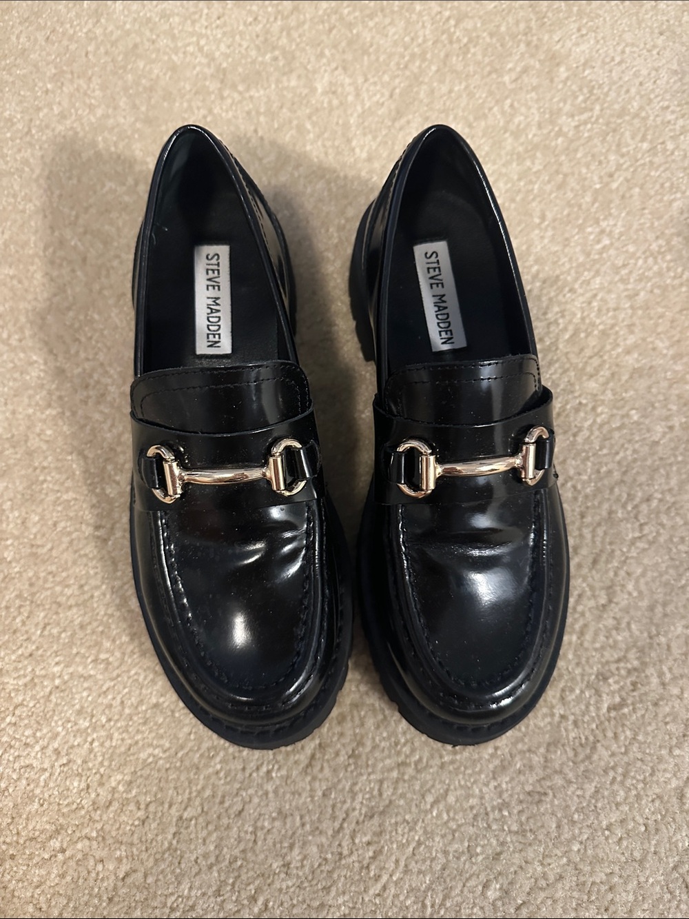 Steve Madden Black Patent Loafers with Gold Hardware Accent